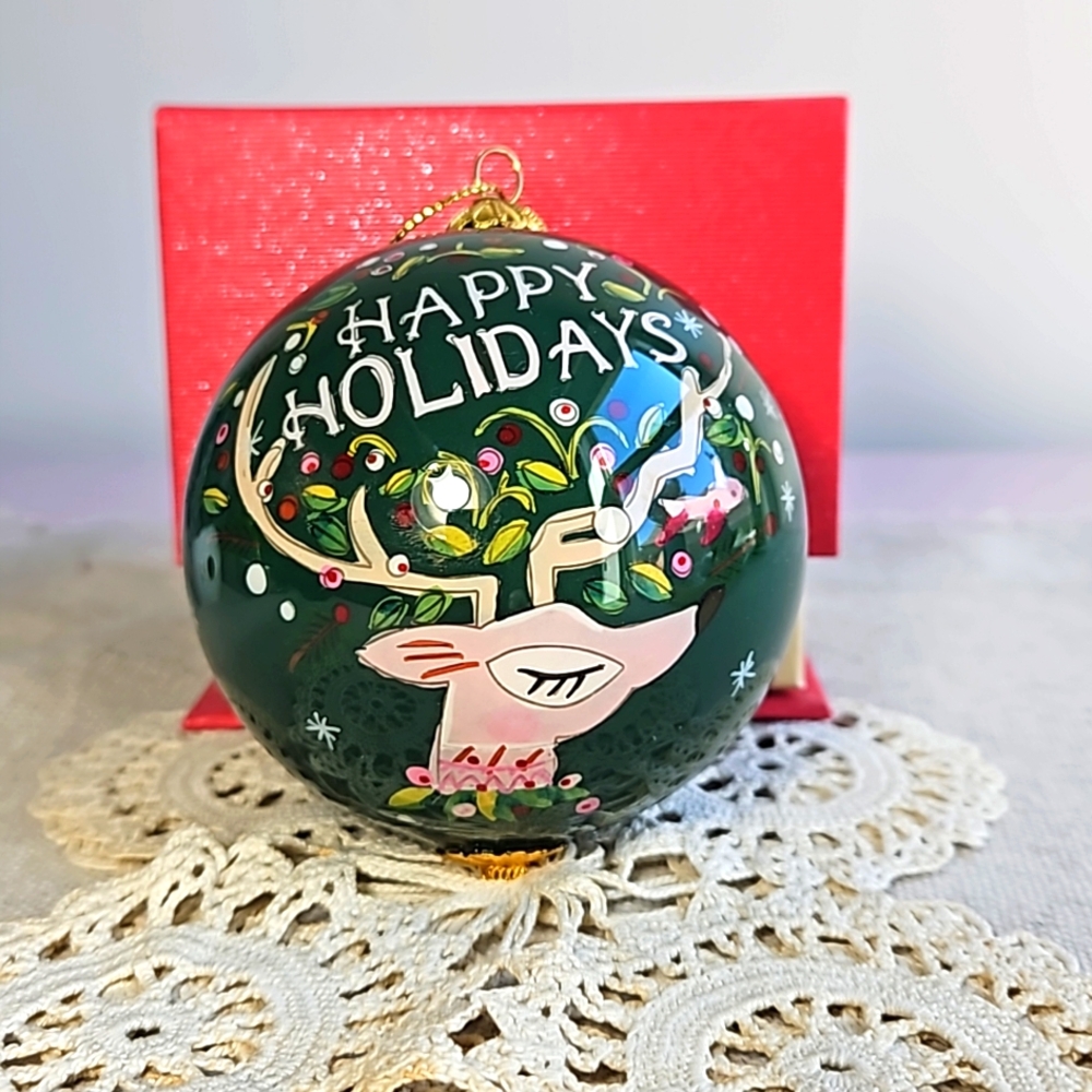 Pier 1, Li Bien Hand-painted Reindeer,  Happy Holidays Glass Ornament